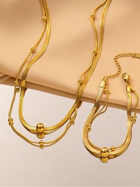 Gold Multi-Strand Ball Accent Necklace and Bracelet Set